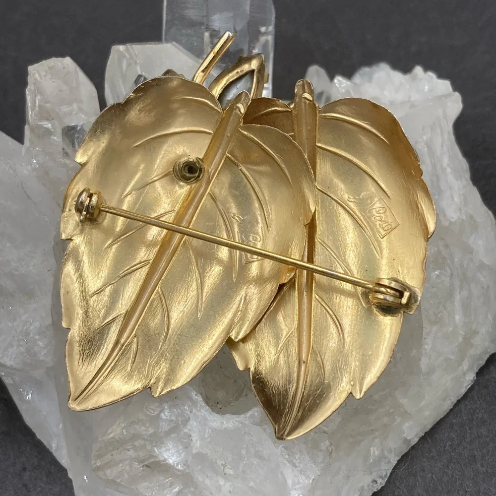 Vintage Coro Double Leaf and Rhinestone Bug Brooch